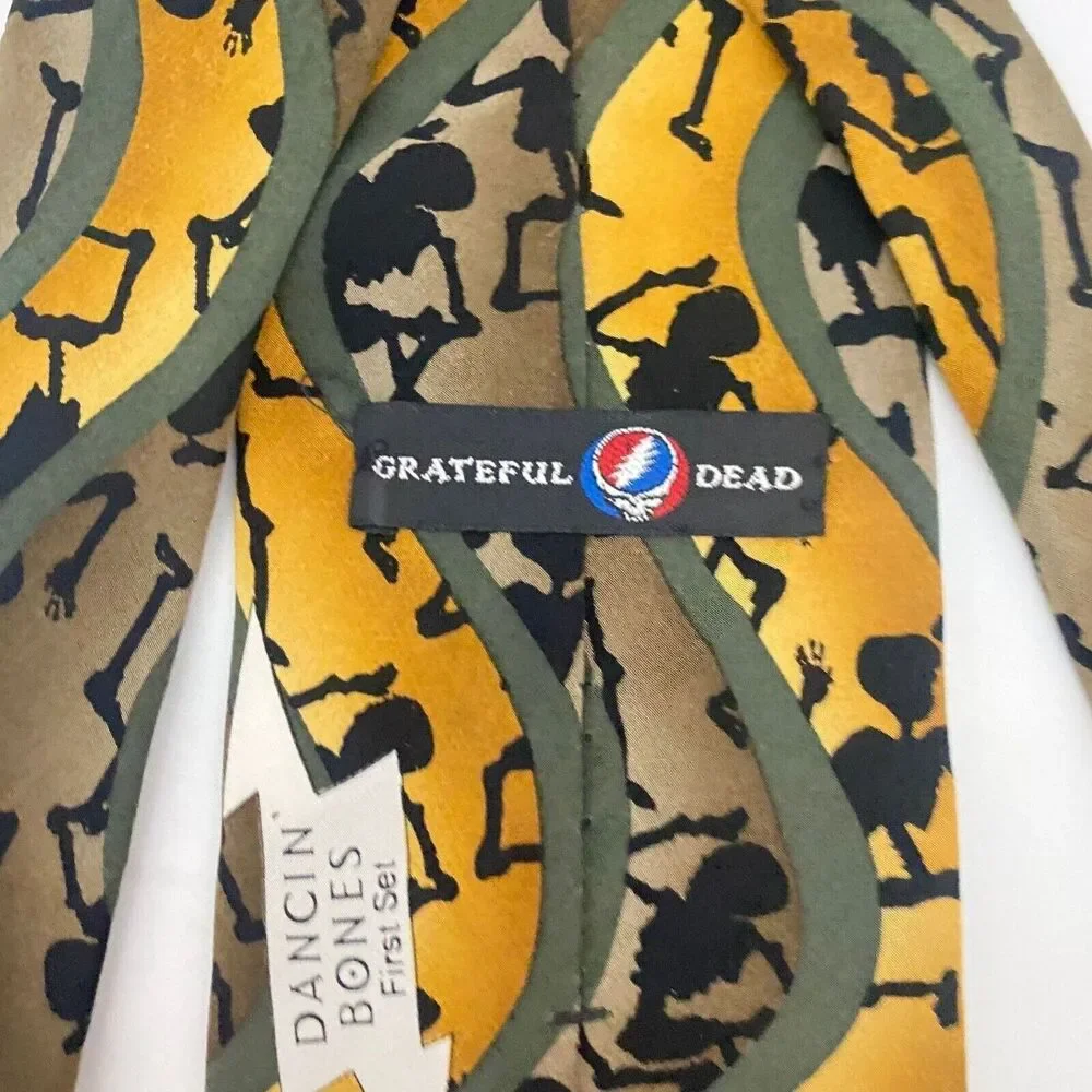 #5592 Grateful Dead Mustard Yellow and Olive Green Skeletal Necktie, Tie 55X4